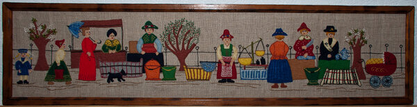 "Fischmarkt" 1981
Applikation reine Handarbeit auf Leinen.