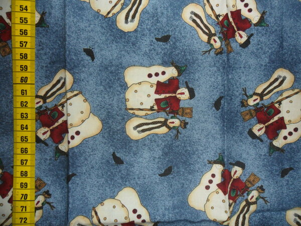 Stoff 84:
PW Debbie Mumm Snowman
vorgewaschen
52 x 48 => 0,25 m² (kleine Ecke 10 x 10 fehlt)
Tauschfaktor 125 % => 0,31 m²