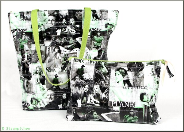 Taschen aus Steppstoff, große Tasche innen mit etwas Gurtband verstärkt. Reißverschlüsse oben. Große Tasche: 28 x 40 cm, Dessous-Täschchen: 30 x 20 cm.