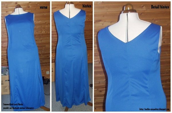 Kleid blau nach Burda.
Das war mein erstes genähtes Kleid. Ich führte es zur Hochzeit meines Schwagers aus