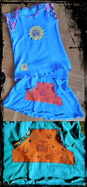mareen Shirt und bequemes Jerseyröckchen, beides mit Stofffarbe bestempelt und mit Glitzi-Steinen besetzt