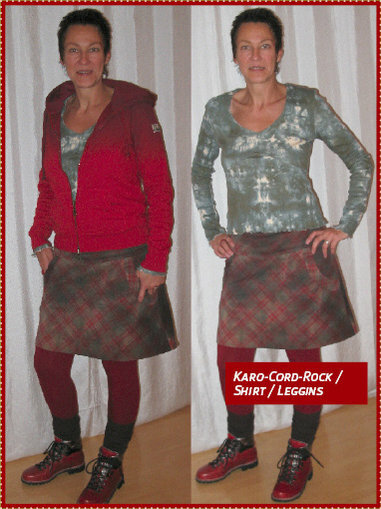 Karo-Cord-Rock / Shirt / Leggins

Rock:
2 Jahre alter Cord-Stoff von Micha's
Schnitt: selbst erstellt

Shirt:
Viskose-Jersey vom Stoffmarkt
Schnitt: selbst erstellt

Leggins:
BW-Jersey von HILCO
Schnitt: BurdaStyle 7791