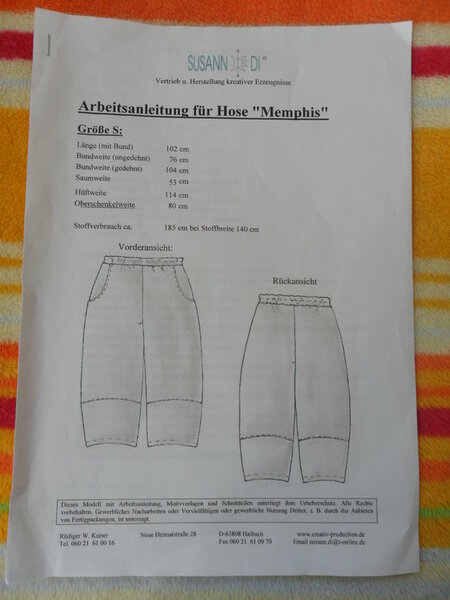 S01:
Schnittmuster Susann Di 
Lagenlook Ballonhose Memphis (Größe S)
Tauschwert 1,25 m²