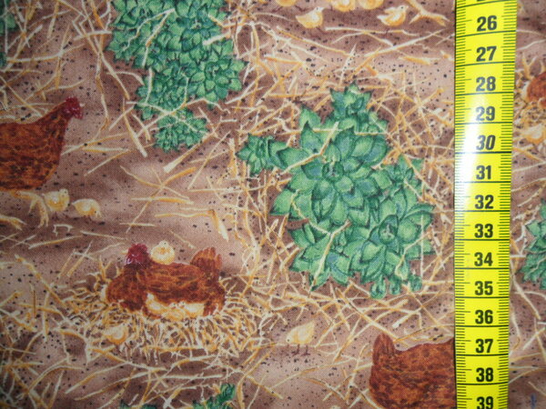 Stoff 106:
PW-Reste Carol Endres Hühner
neu
a) 16 x 41 => 0,07 m²
b) 107 x 15 => 0,16 m²
c) 23 x 41 => 0,09 m²