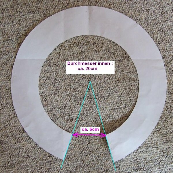 Schnittmuster von der Krempe meines Hutes

Der Durchmesser innen ist etwa 20cm. Der Durchmesser außen ist um 2 mal die gewünschte Krempenbreite größer.
Das fehlende "Tortenstück" ist oben etwa 6cm breit und geht zum Zentrum des Kreises.