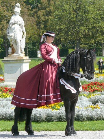 Corsage und Reitrock mit Bolero, dazu passende Zylinderkrempe und Zügel- und Vorderzeug