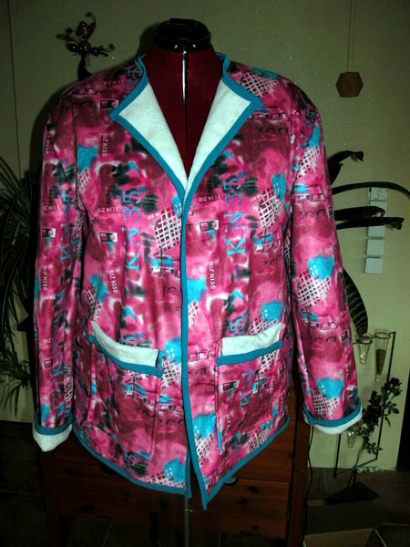 Jacke "SuperEasy"-Schnitt aus Burda 10/1991 Jackenstoff Bizzkids + Jersey türkis als Einfassung