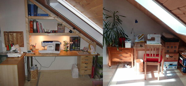 Mein Nähplatz im September 2010 (rechts) und jetzt im März 2012. Die Stoffe lagern nicht mehr in Kartons sonden in Schränken und auch der Fuhrpark hat sich doch sehr geändert. :)