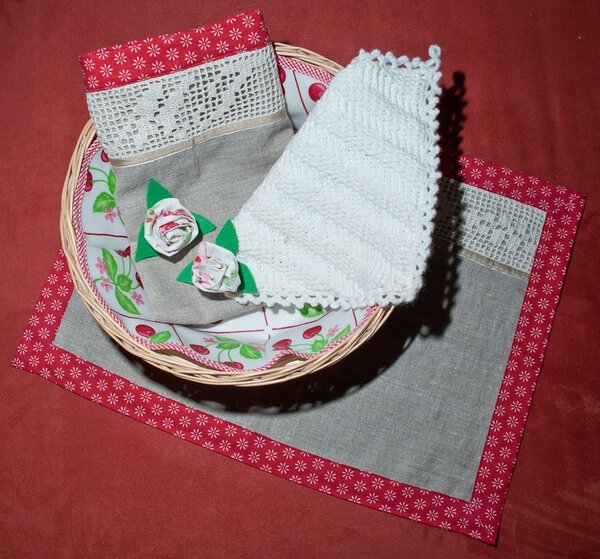 Platzdeckchen 46 x 37 cm:
Filethäkelspitze mit Monogram
Brotkörbchen erhält einen neuen Einsatz aus Wachstuch
