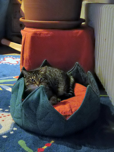 1. tischleindeckdich und 2. katzenkorb mit einem kissen aus dem gleichen stoff wie 1. - UWYH aus einem alten kinderzimmervorhang und einem ausgedienten gartenstuhlpolster