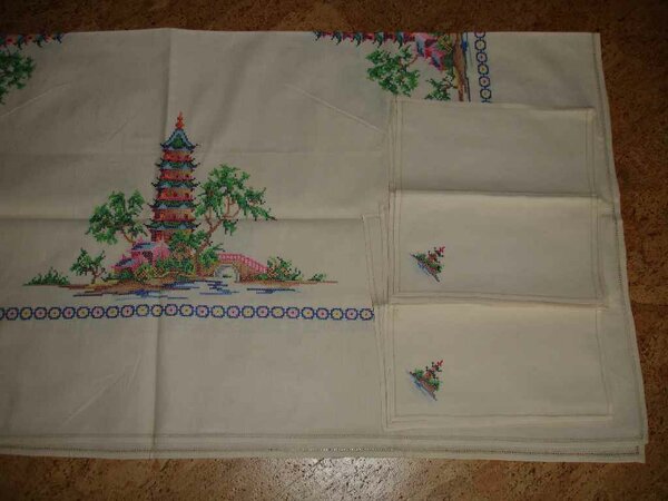 Tischdecke und 6 Sets aus Asien

handbestickt mit Lochsaum
Stoff fühlt sich wie Leinen an, 100% sicher bin ich mir aber nicht
Decke ca. 125 cm x 125 cm (nicht exakt)
Sets ca. 30 cm x 30 cm (ebenfalls mit kleinen Abweichungen)