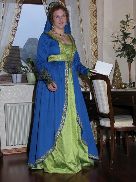 Houppelande blauer Satin und grüne Seide