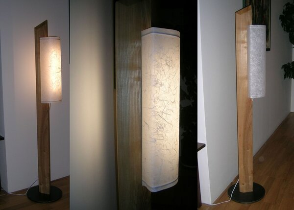 Lampe aus Reispapier, Regalbrett und Baustahlfuß