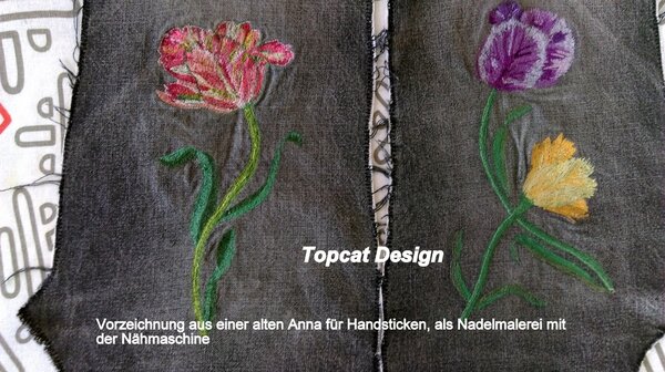 Tulpen, Freihandsticken mir der Nähmaschine. Jeansrecycling